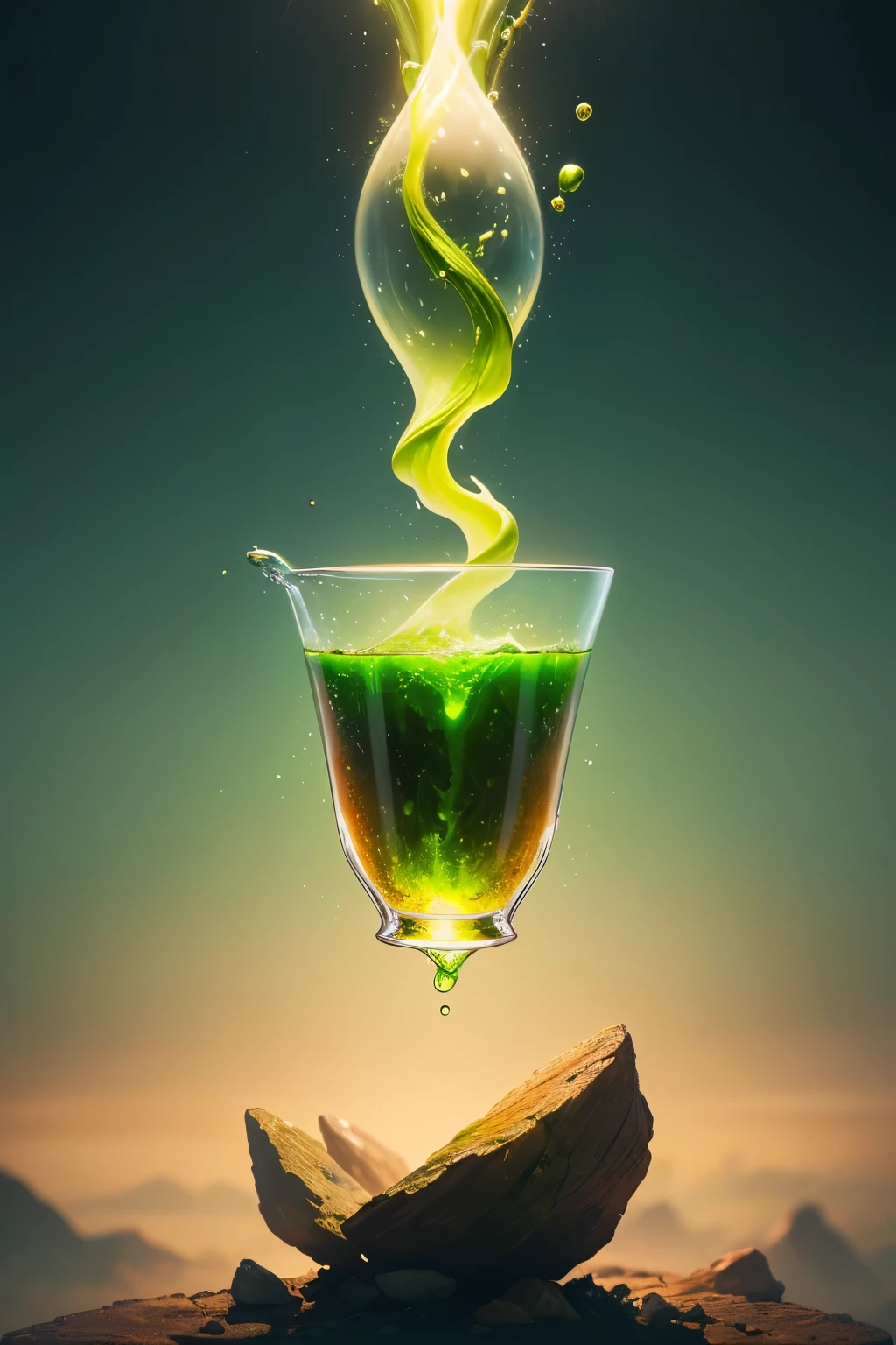 a mysterious potion of life with a magical green potion with powers floating in the air with magic
