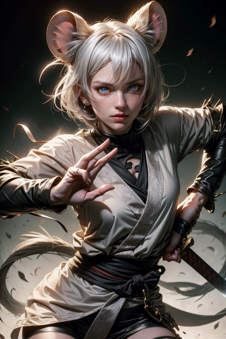 Sexy ninja girl with mouse ears silvery white hair, with a katana, and jutsu hand sign