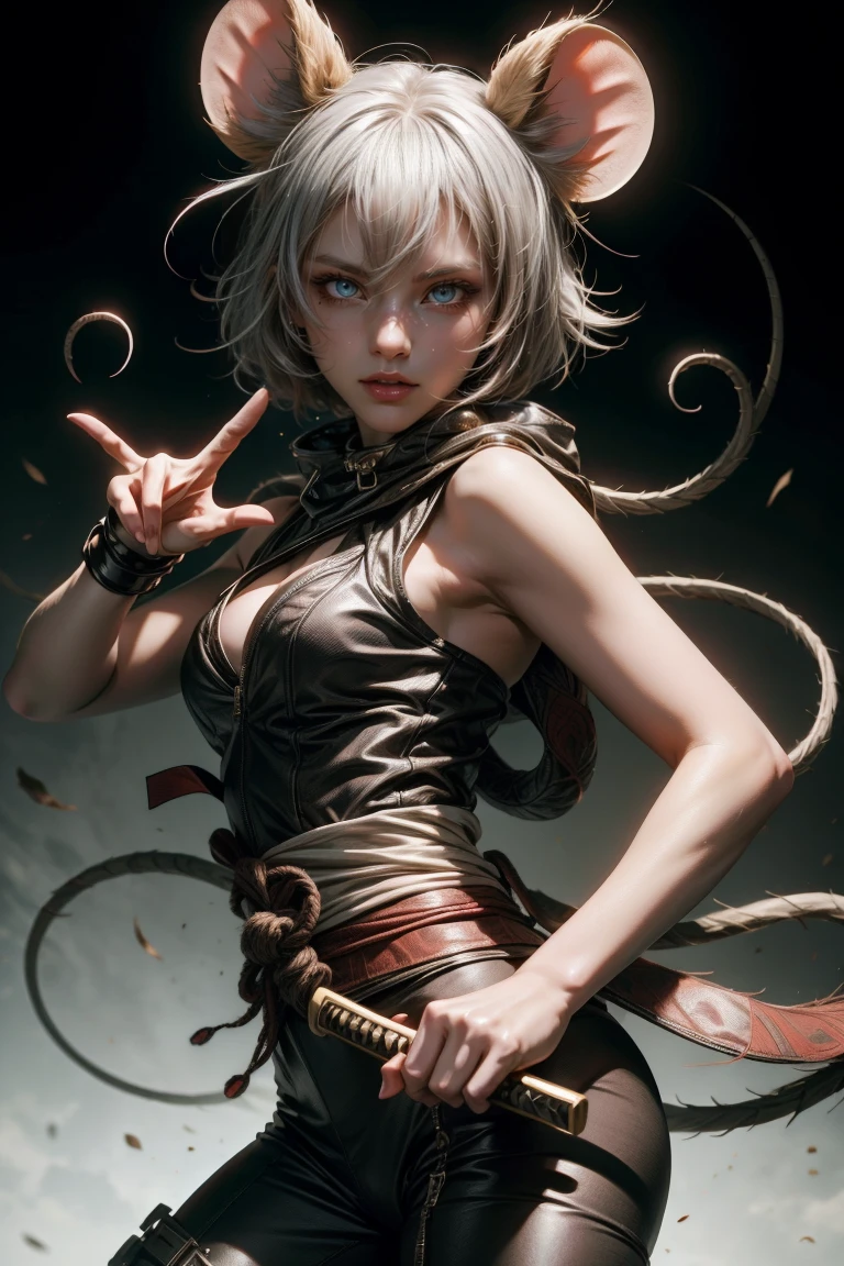 Sexy ninja girl with mouse ears silvery white hair, with a katana, and jutsu hand sign