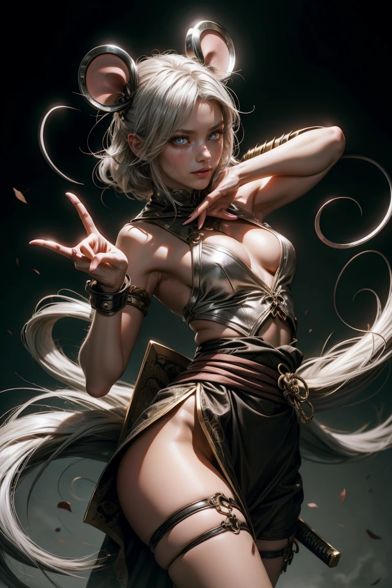 Sexy ninja girl with mouse ears silvery white hair, with a katana, and jutsu hand sign