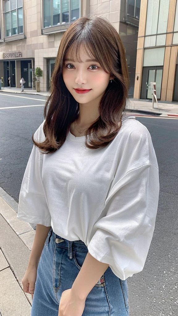((Highest quality, 8K, masterpiece:1.3)), concentrated:1.2, Beautiful woman with perfect figure:1.4, Stick your butt out:1.2, ((Beautiful long hair)),(Long white legs:1.3) ,.4) , (sports car, street: 1.2), Highly detailed face and skin texture, fine grain, double eyelid,Skin whitening,(Straight Big Tits:1.3),smile,Put on a necklace,Gyuru、The trend is to wear an oversized shirt tucked into wide pants.。The shirt is a light pastel color...、The trendy striped pattern is popular。Wear casual shoes such as simple sneakers or loafers。