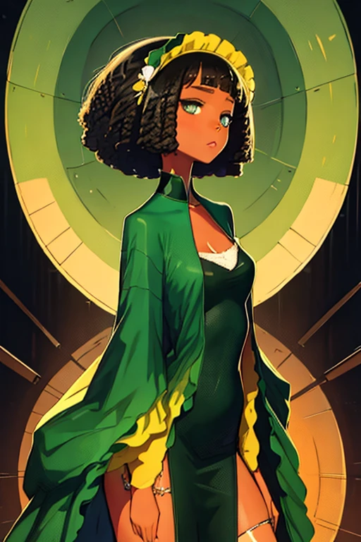 masterpiece, girl(afrocentric), bob hairstyle, summer dress, heels, from head to toe, black green & yellow aesthetic background, digital art, anime illustrations, ultra detailed, 8k resolutions, intricate
