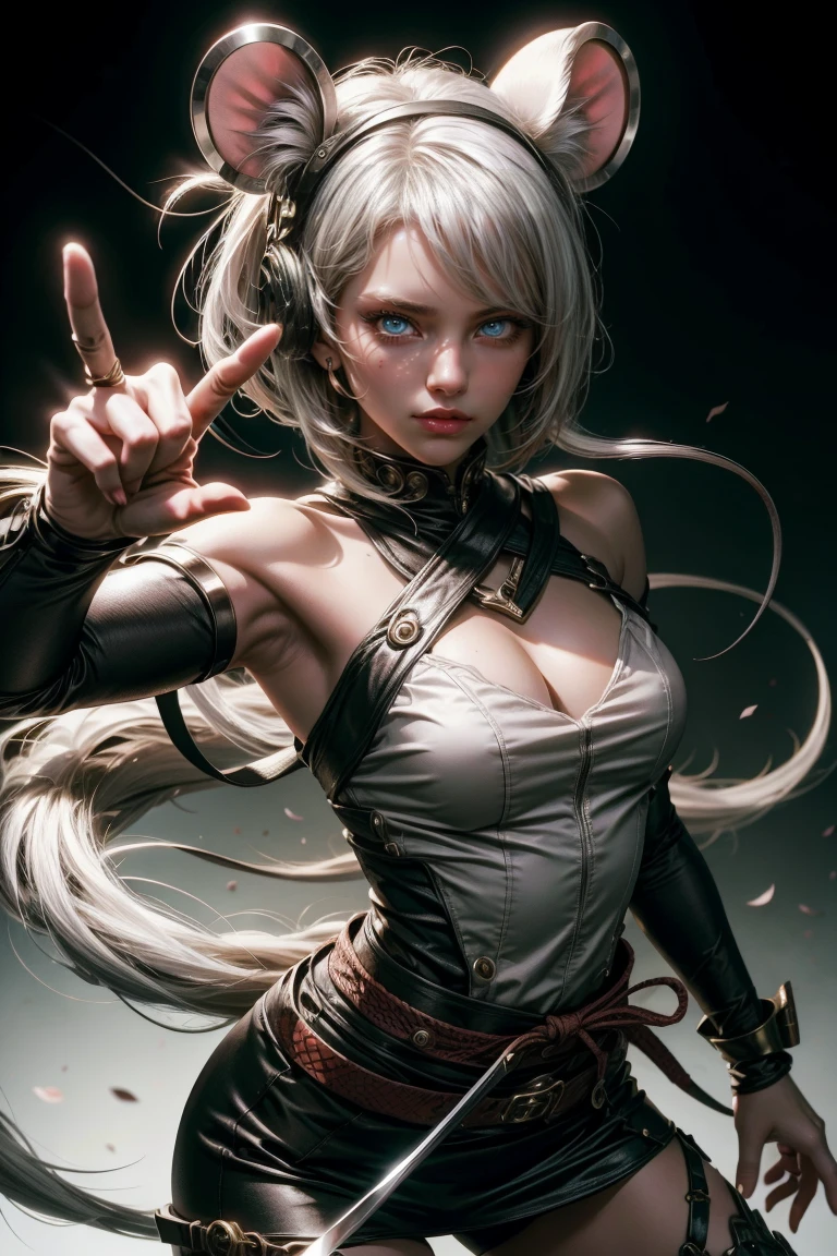Sexy ninja girl with mouse ears silvery white hair, with a katana, and jutsu hand sign