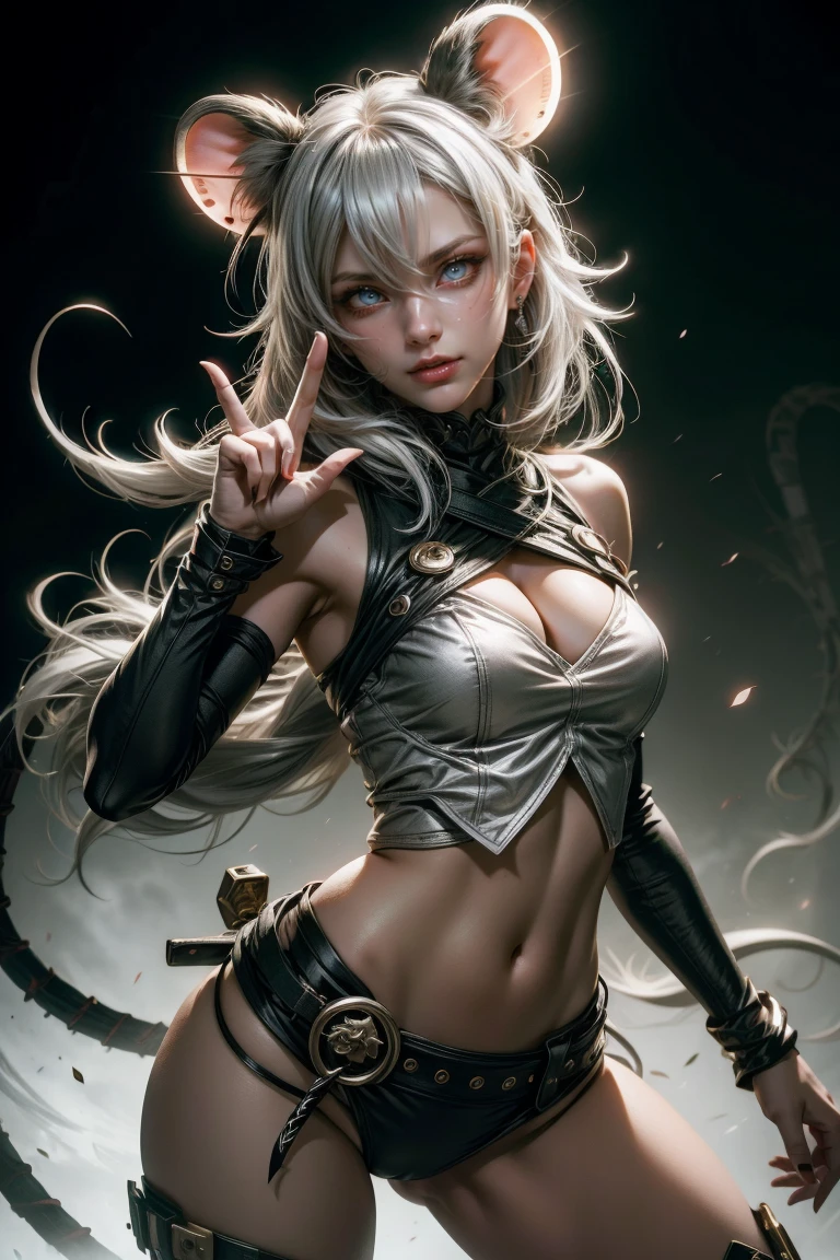 Sexy ninja girl with mouse ears silvery white hair, with a katana, and jutsu hand sign