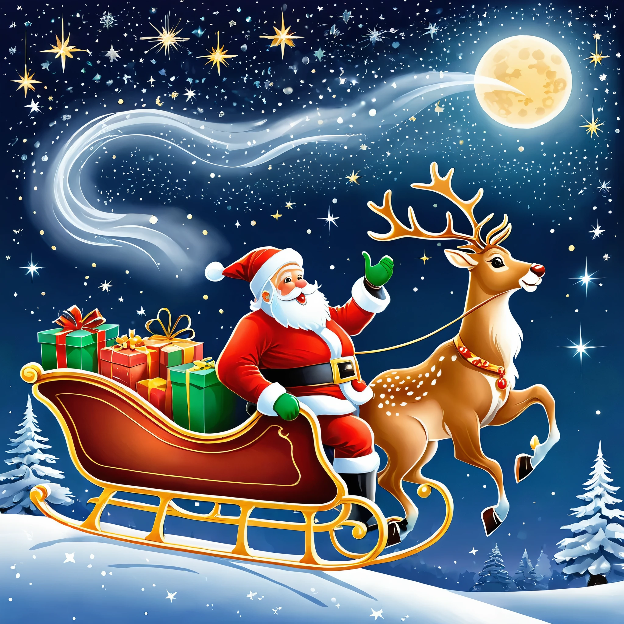 Illustrate Santa Claus and his reindeer flying across a starry sky, delivering gifts to homes below. Capture the essence of joy and wonder.