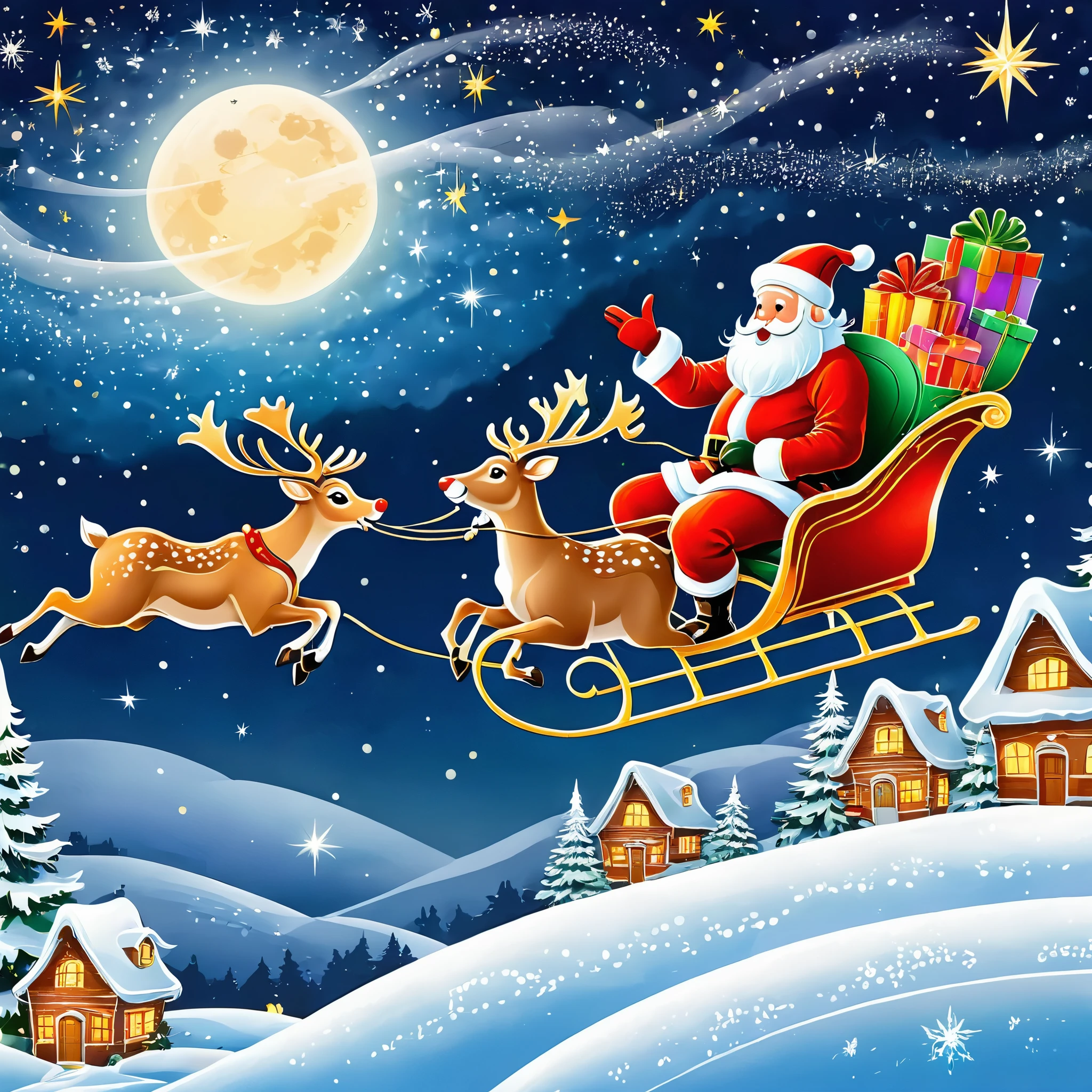 Illustrate Santa Claus and his reindeer flying across a starry sky, delivering gifts to homes below. Capture the essence of joy and wonder.