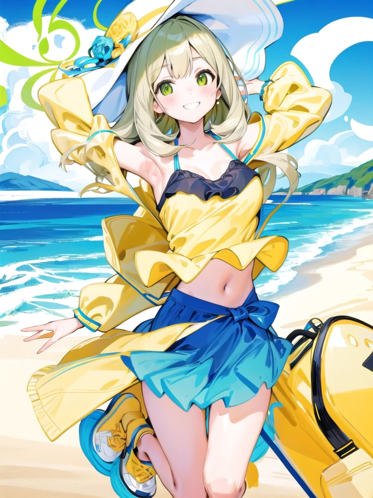 masterpiece, best quality, ultra-detailed, 1girl, nonomi, yellow frilled bikini, white jacket, outdoors, smile, summer hat, in beach 