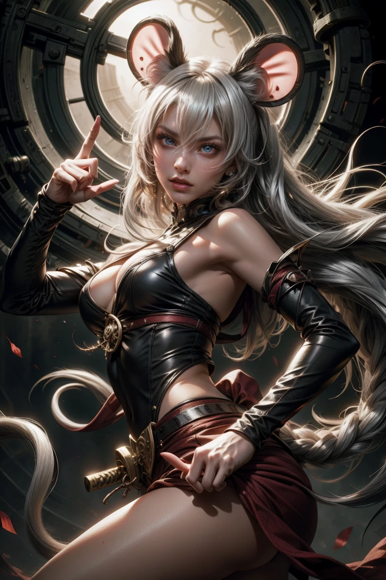 Sexy ninja girl with mouse ears silvery white hair, with a katana, and jutsu hand sign