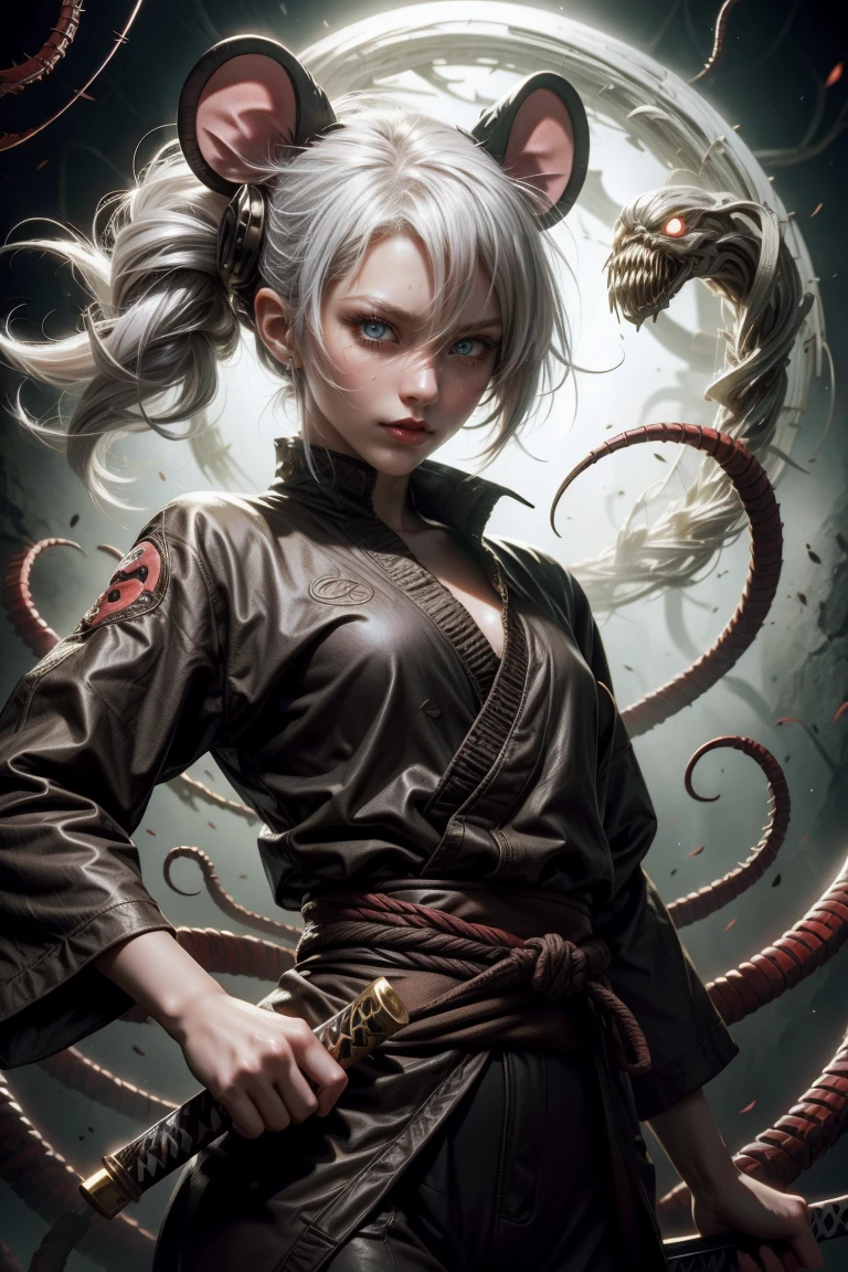 Sexy ninja girl with mouse ears silvery white hair, with a katana, and jutsu hand sign