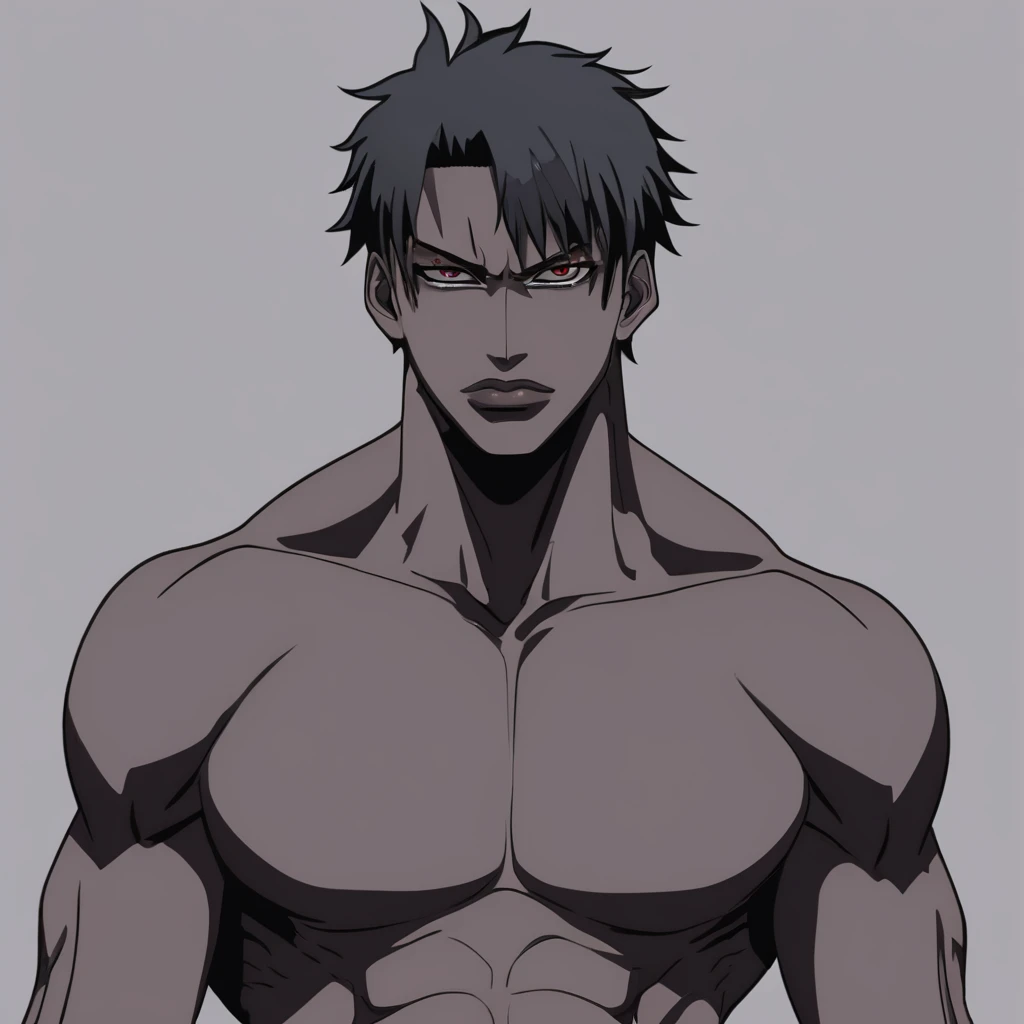 A demon from the anime Chainsaw Man, ele tem um corpo brawny cinza, dark gray skin, wearing no shirt, fully body, black hands, and look fierce, Human lips, bonitas, handsome, Demonic, simple background. Foco no rosto do personagem, demonic. normal lips, sores on the lips, cicatrizes no fully body. Corpo brawny de cor negra, empty eyes, comely, bonitas, charming, brawny, daddy.