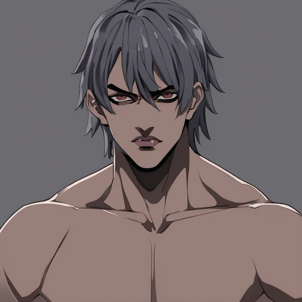 A demon from the anime Chainsaw Man, ele tem um corpo brawny cinza, dark gray skin, wearing no shirt, fully body, black hands, and look fierce, Human lips, bonitas, handsome, Demonic, simple background. Foco no rosto do personagem, demonic. normal lips, sores on the lips, cicatrizes no fully body. Corpo brawny de cor negra, empty eyes, comely, bonitas, charming, brawny, daddy.