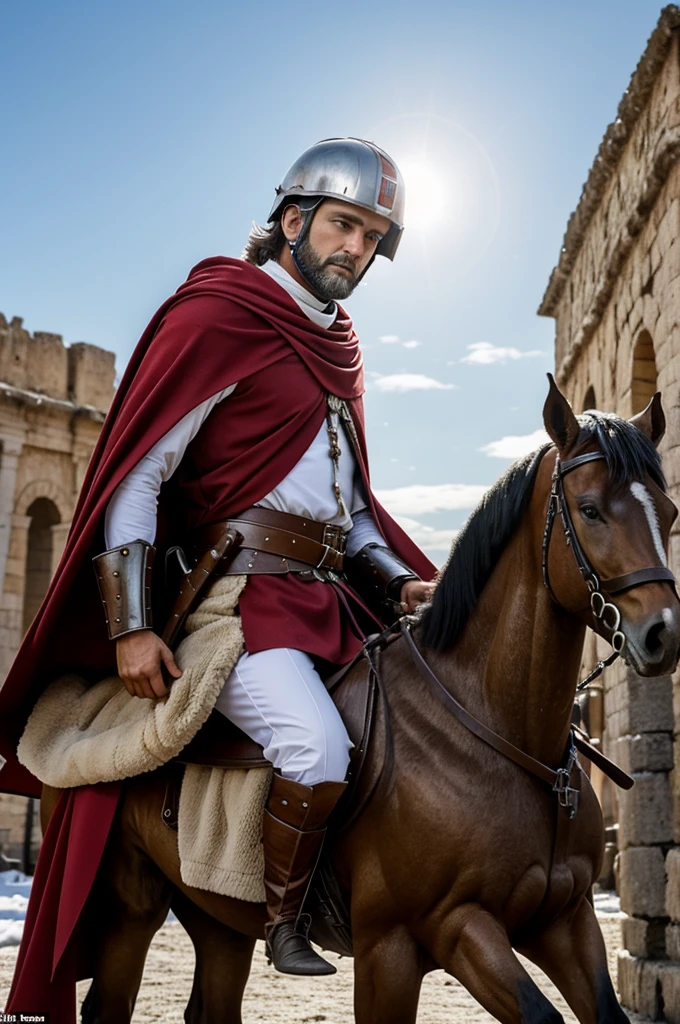 context: The image is usually located in an outdoor environment, in winter, with snow on the ground.
San Martin: He is depicted as a Roman soldier on horseback.. He wears typical Roman armor, with a helmet and a red cape.
The gesture: La escena más emblemática muestra a San Martin cortando su capa con una espada para dársela a un mendigo.
The beggar: The beggar generalmente está vestido con ropas andrajosas y se muestra agradecido y sorprendido por el gesto de San Martin.
Additional details: A menudo hay detalles que resaltan la humildad y caridad de San Martin, like a halo around his head to indicate his holiness.