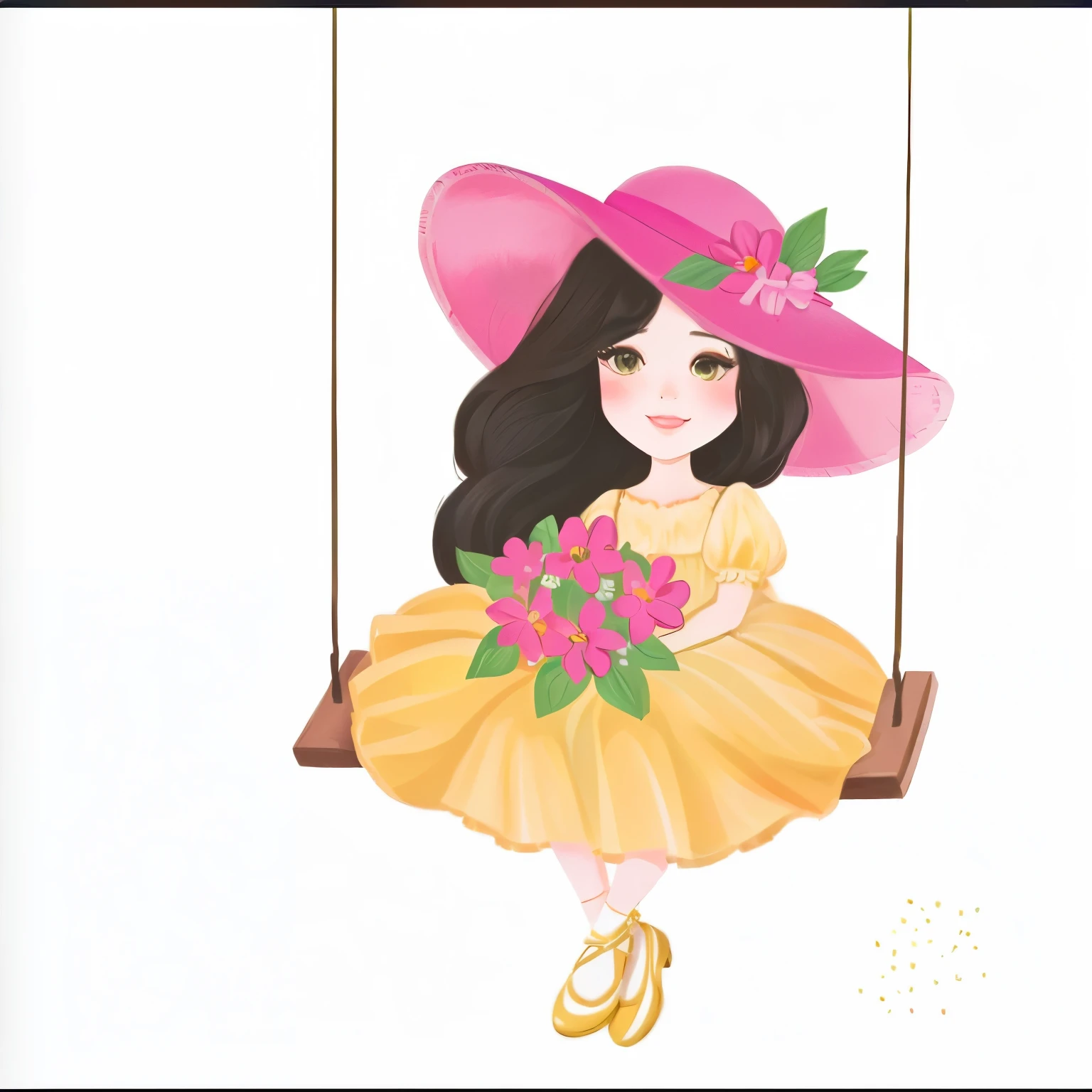 there is a girl in a yellow dress and a pink hat on a swing, illustrated in whimsical style, fluffy woman, Beautiful girl, cute digital art, art admirer, cute illustration de livro de histórias, cute art style, official art admirer, cute illustration, cartoon style illustration, by Maria Anjo, made with illustrator, elegant girl, book illustration , cute art, added detail