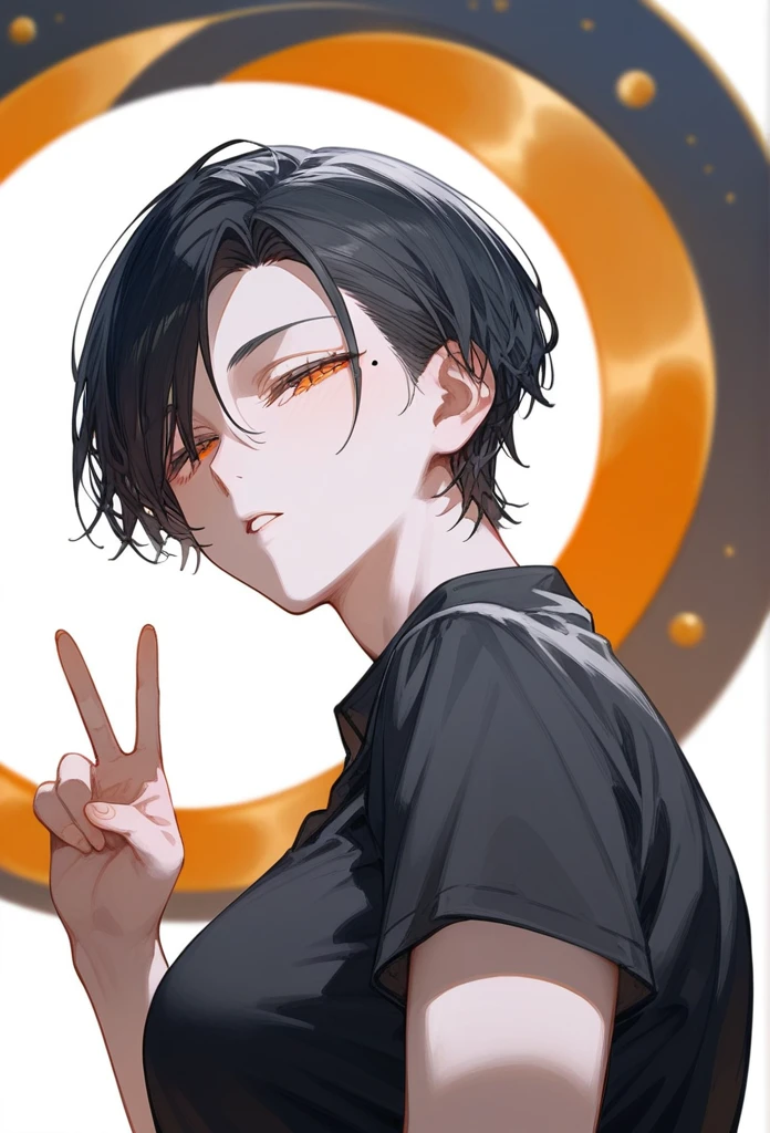 masterpiece, Score_9, Score_8_up, Score_7_up, rear view, 1 woman, alone, dark black hair, very short hair, long parted bangs, gold and orange eyes, half-closed eyes, parted lips, expressionless, pale skin, large breasts, top body,
Long open bangs, with a mole below the mouth, cut style (boy), No bangs, basic black shirt with V-neckline and straps.