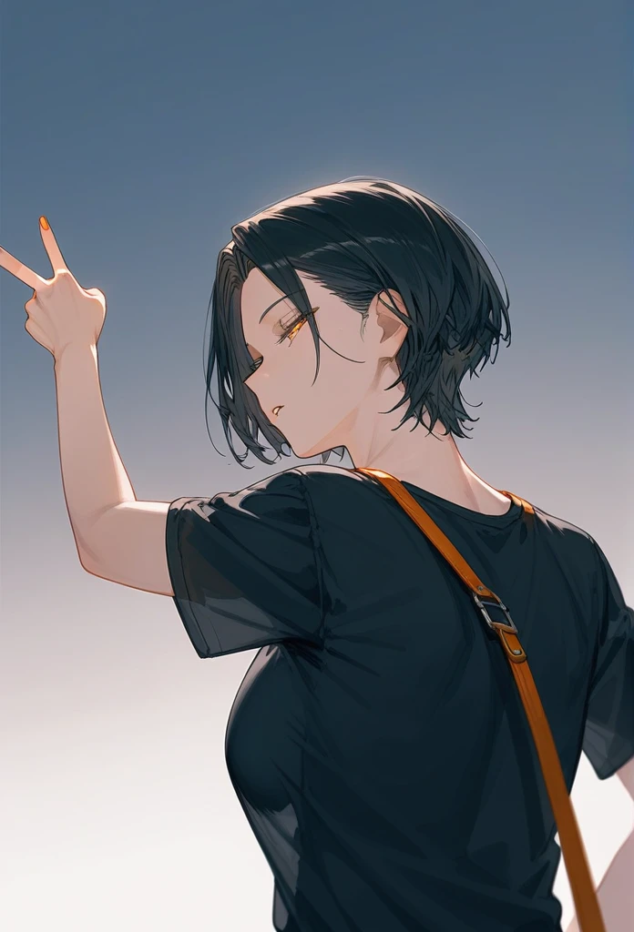 masterpiece, Score_9, Score_8_up, Score_7_up, rear view, 1 woman, alone, dark black hair, very short hair, long parted bangs, gold and orange eyes, half-closed eyes, parted lips, expressionless, pale skin, large breasts, top body,
Long open bangs, with a mole below the mouth, cut style (boy), No bangs, basic black shirt with V-neckline and straps.