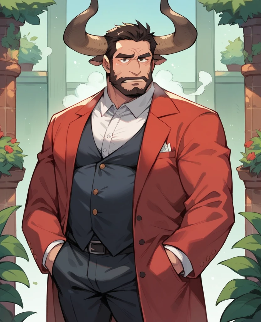 buffalo,personification,Mature male,Bad Uncle,beard,Cold expression,Black pupil,Black eyebrows,red suit,Hands in pockets,The Age of Steam,garden。