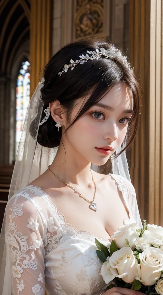 Top-quality Realistic, Official art, Highly detailed CG Unity 8k wallpaper,(masterpiece:1.3), (8k, photorealistic, RAW photo, best quality: 1.4), (1 girl), pretty face, (realistic face), (black hair, medium hair:1.3), beautiful hairstyle, realistic eyes, detailed fine eyes, (realistic skin), beautiful skin, (breasted top), absurd, attractive, super detailed resolution, surreal golden ratio, very detailed, upper body, Japanese Idol,(Floral lace Wedding dress:1.3),BREAK,(Heart shaped necklace),(Triangle ornament earrings),BREAK, (gentle smile like a goddess),(in church surrounded by a majestic baroque atmosphere:1.2),standing position, Hold a large bouquet in front of your chest, Wide View, (close-up)