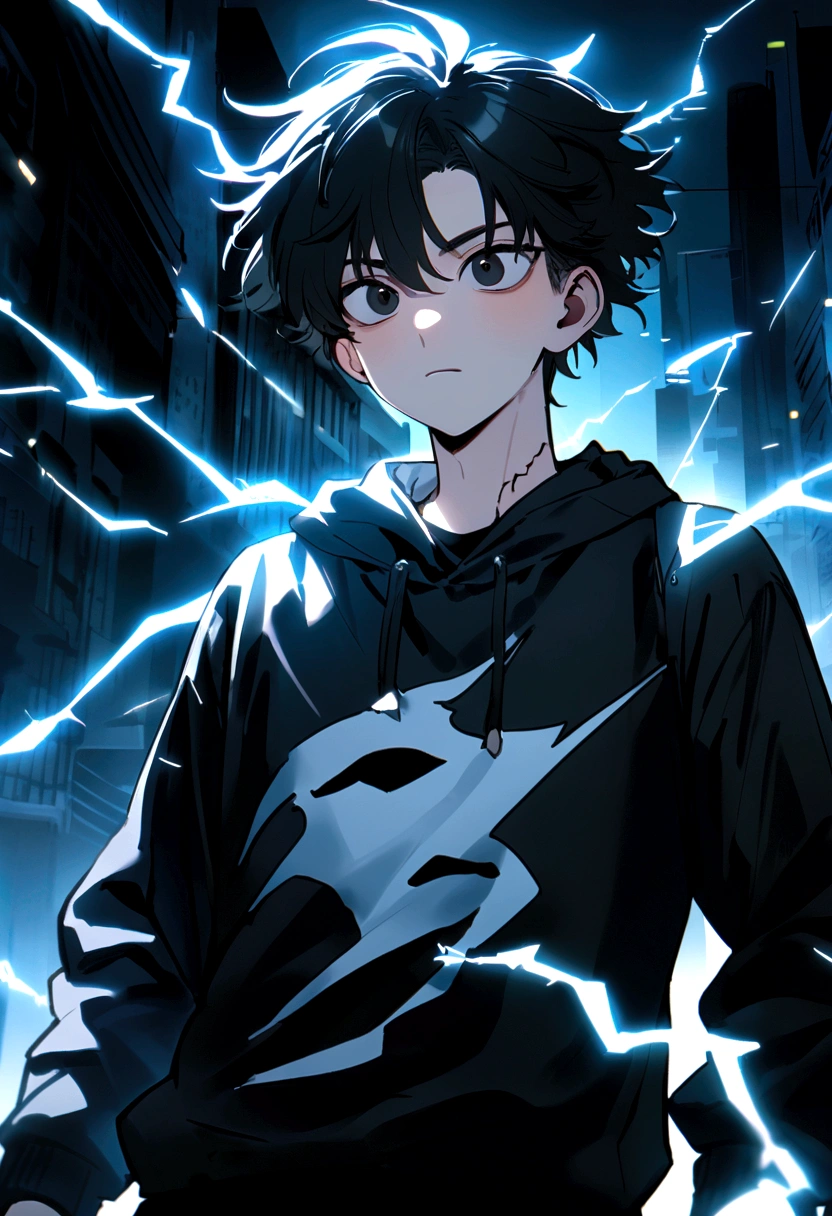 Man 17 years old Long black hair black and white sweatshirt with electricity on his body