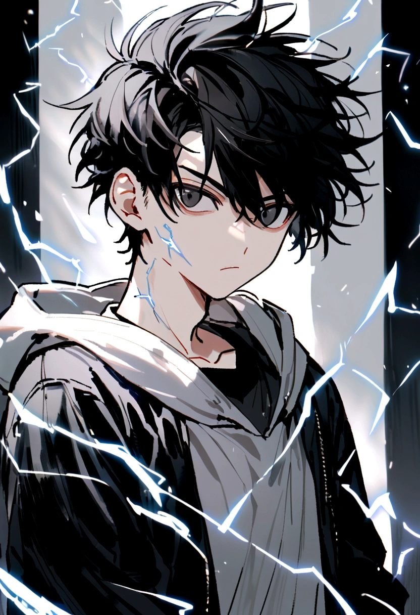 Man Long black hair black and white sweatshirt with electricity on his body