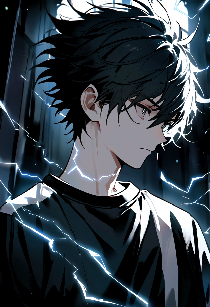 Man 17 years old Long black hair black and white sweatshirt with electricity on his body