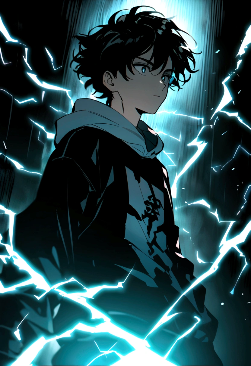 Man 17 years old Long black hair black and white sweatshirt with electricity on his body