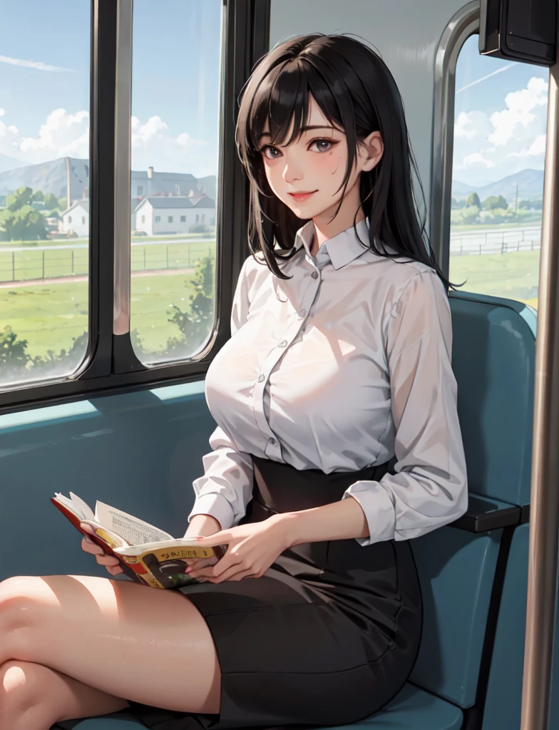 1lady solo, (sitting on train seat), (crossed legs), (stylish outfit), mature female, /(black hair/) bangs, light smile, (masterpiece best quality:1.2) delicate illustration ultra-detailed, large breasts, sweaty BREAK (reading magazine) BREAK (train indoors), window landscape, food, detailed background