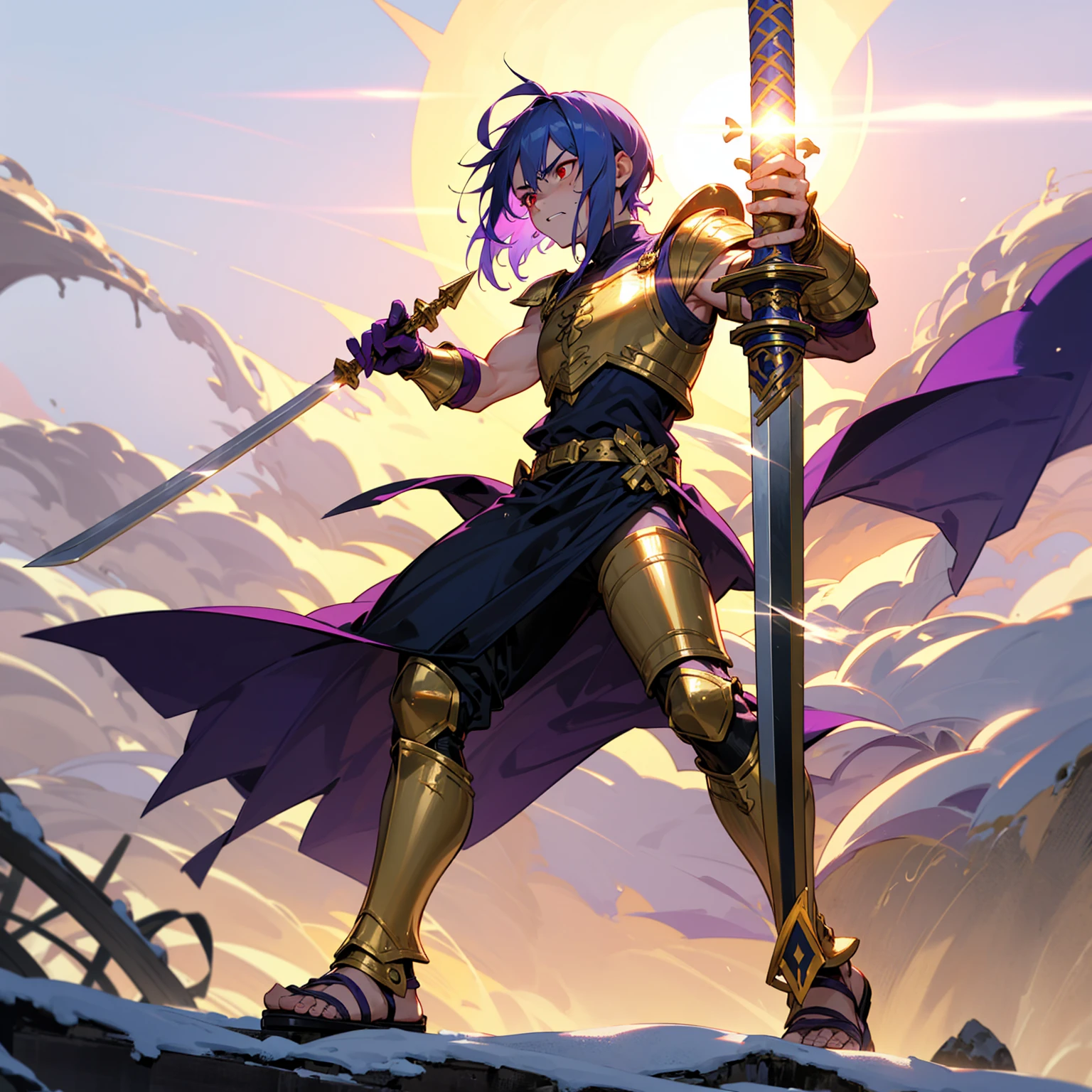 1boys orc, Full body version, red eyes, purple colour skins, angry eyes, cut hair, blue colour hair, angry expression, ancient greek clothing, gladiator sandals, Rapier gold sword in hand, small shield gold, gold armor vest, Grassroots background in snow, sunlight, sun, Sun silhouette, sun glare, smoke, background clutter, damage, war gesture 