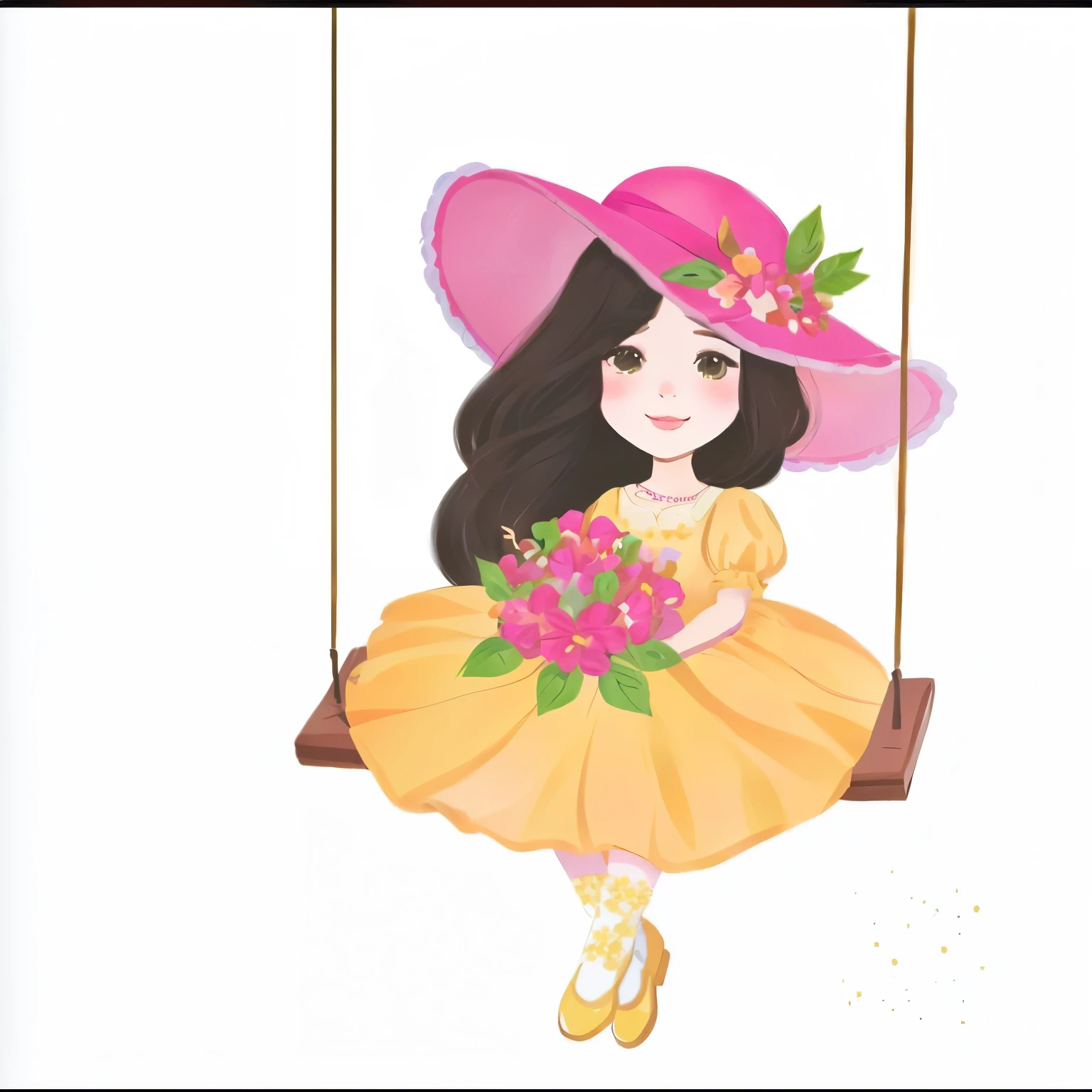 there is a girl in a yellow dress and a pink hat on a swing, illustrated in whimsical style, fluffy woman, Beautiful girl, cute digital art, art admirer, cute illustration de livro de histórias, cute art style, official art admirer, cute illustration, cartoon style illustration, by Maria Anjo, made with illustrator, elegant girl, book illustration , cute art, added detail