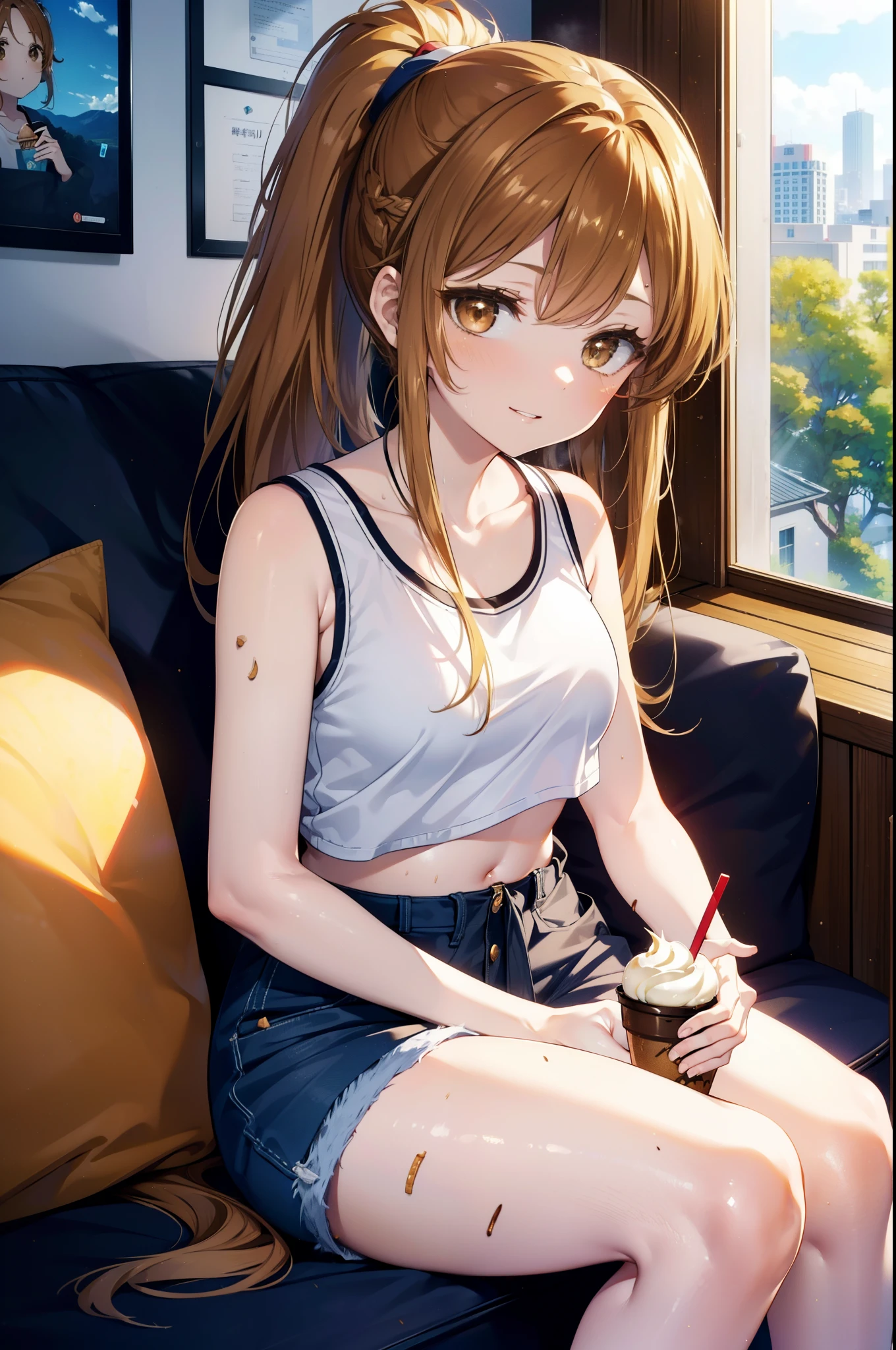 a sun ayuuki, a sun a yuuki, Long Hair, Brown Hair, (Brown eyes:1.8), ponytail,Sweat,濡れて透けたTank top,Tank top,Belly button,happy smile, smile, Open your mouth,Shorts,barefoot,Sitting on the sofa,Holding an ice cream in one hand,noon,Clear skies,
Break indoors,room,
壊す looking at viewer,Systemic
break (masterpiece:1.2), Highest quality, High resolution, unity 8k wallpaper, (shape:0.8), (Fine and beautiful eyes:1.6), Highly detailed face, Perfect lighting, Highly detailed CG, (Perfect hands, Perfect Anatomy),