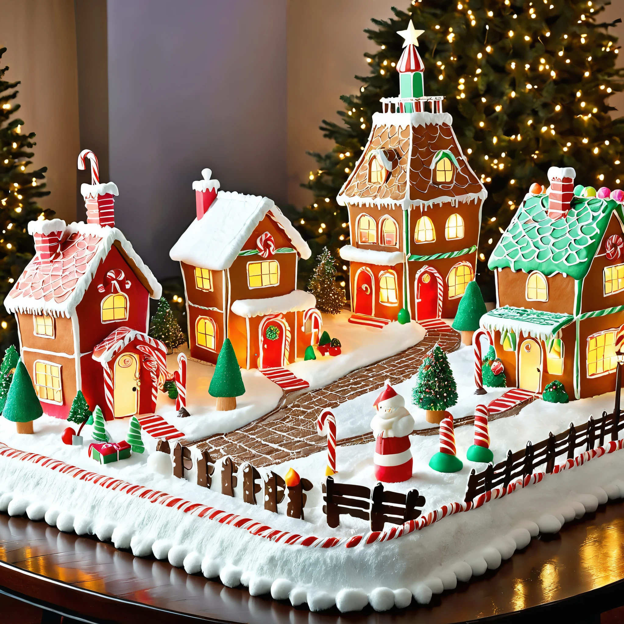 Generate a whimsical village made of gingerbread houses, gumdrop pathways, and candy cane street lamps. Add characters enjoying sweets and hot cocoa.