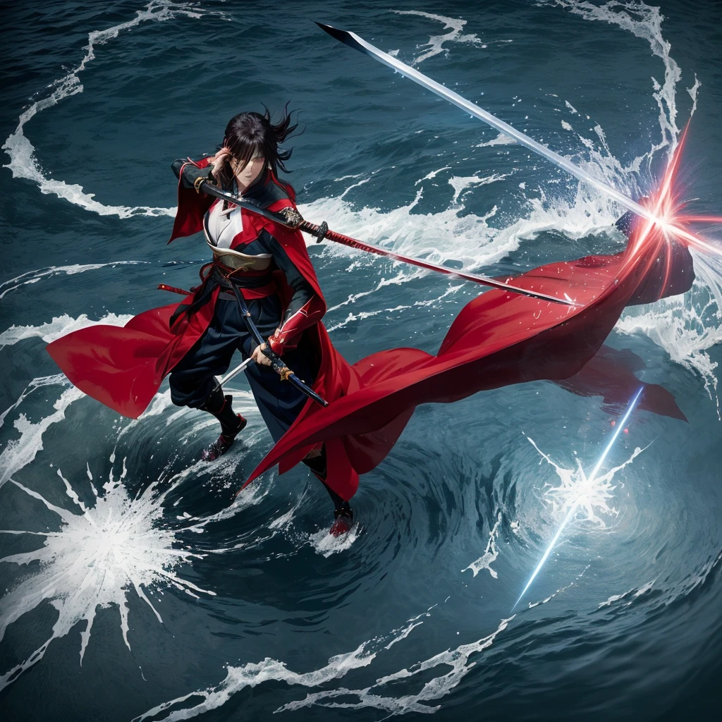 a woman in a red cape is surrounded by water, unlimited blade works, rurouni kenshin, anime epic artwork, from kenshin, makoto sinkai, fate / stay night, epic 8 k hd anime shot, fate/zero, anime key art, fate stay night, anime still film anime shikishi, sword and wand – water
