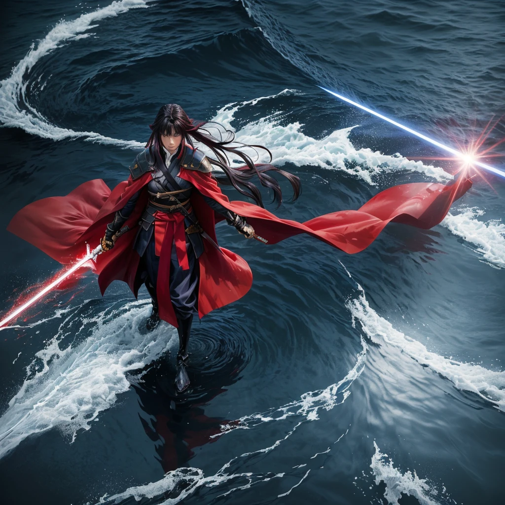 a woman in a red cape is surrounded by water, unlimited blade works, rurouni kenshin, anime epic artwork, from kenshin, makoto sinkai, fate / stay night, epic 8 k hd anime shot, fate/zero, anime key art, fate stay night, anime still film anime shikishi, sword and wand – water