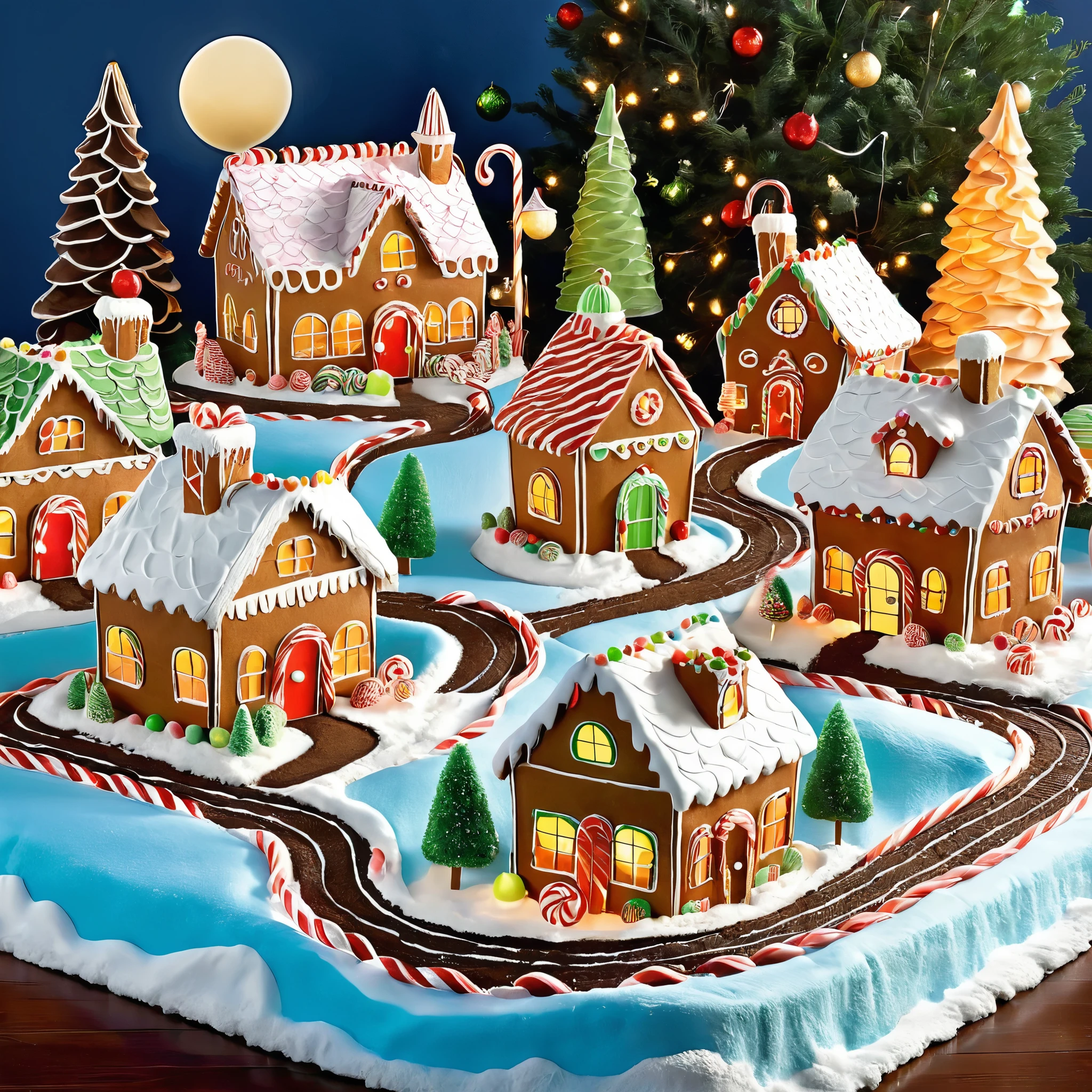 Generate a whimsical village made of gingerbread houses, gumdrop pathways, and candy cane street lamps. Add characters enjoying sweets and hot cocoa.