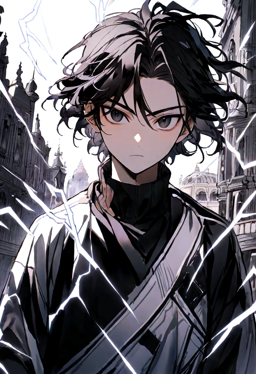 Man 17 years old Long black hair black and white sweatshirt with electricity on his body