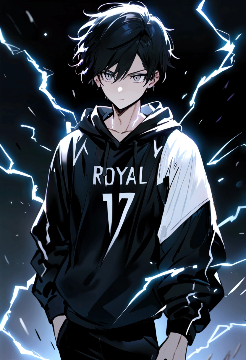 Man 17 years old Long black hair black and white sweatshirt with electricity on his body