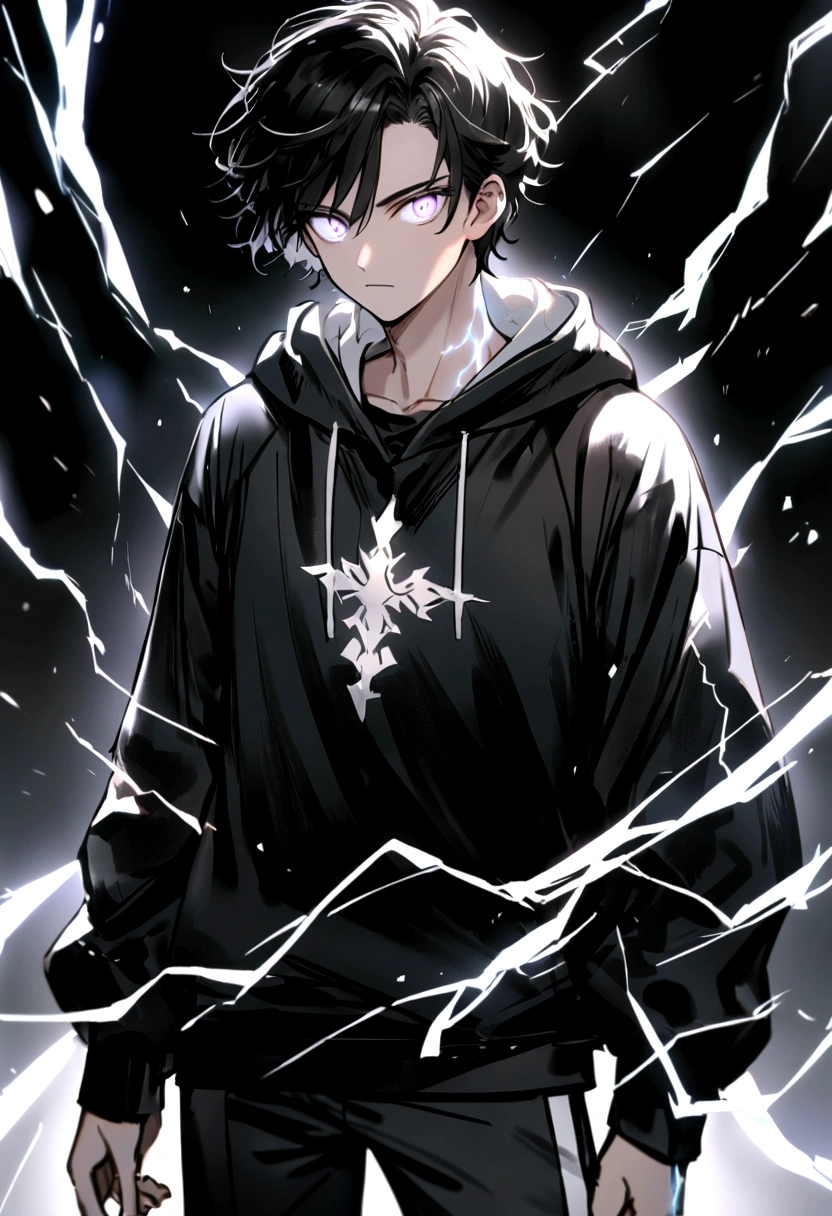 Man Long black hair black and white sweatshirt with electricity on his body