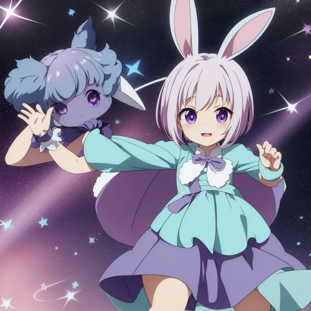 A cute  , 5 years   with short white hair, with pink highlights, big and purple eyes, blue dress and bunny ears