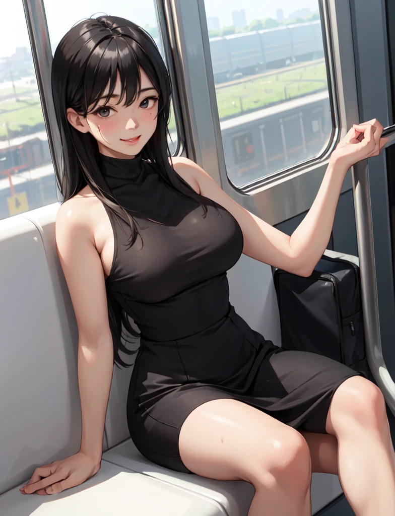 1lady solo, (sitting on train seat), (crossed legs), (stylish outfit), mature female, /(black hair/) bangs, light smile, (masterpiece best quality:1.2) delicate illustration ultra-detailed, large breasts, sweaty BREAK (reading magazine) BREAK (train indoors), window landscape, food, detailed background