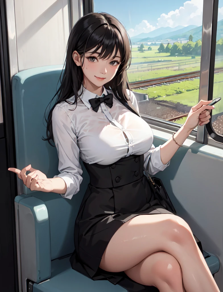 1lady solo, (sitting on train seat), (crossed legs), (stylish outfit), mature female, /(black hair/) bangs, light smile, (masterpiece best quality:1.2) delicate illustration ultra-detailed, large breasts, sweaty BREAK (reading magazine) BREAK (train indoors), window landscape, food, detailed background