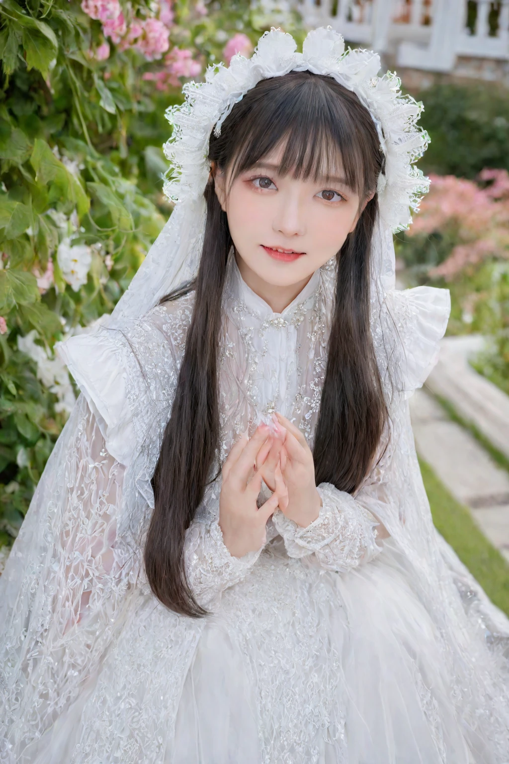 (close up face), ( girl), small smile, (white detailed princess dress), a lot of frills, frilly long sleeves, white lace cape, beautiful tender eyes symmetrical, (beautiful and detailed face), beautiful long black hair, blunt bangs, nice hands, perfect hands, (palace garden)