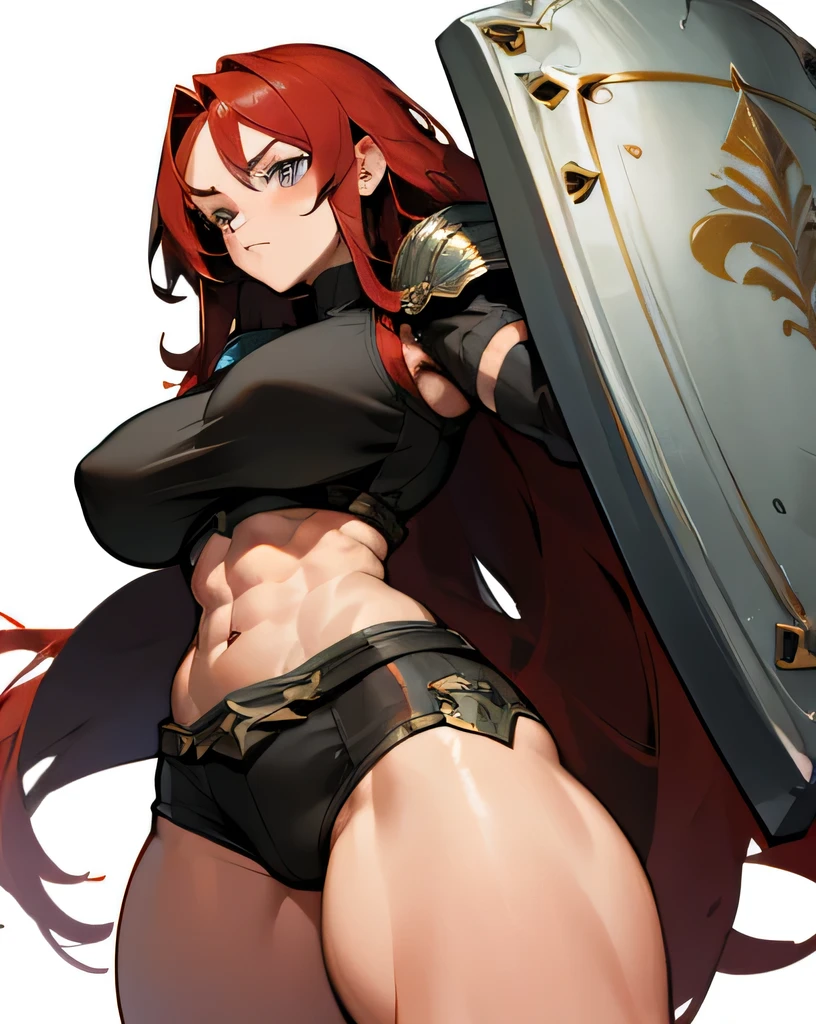 ((muscular thick thighs huge breasts)) red hair grey eyes very long hair metal armor shield girl simple background angry midriff