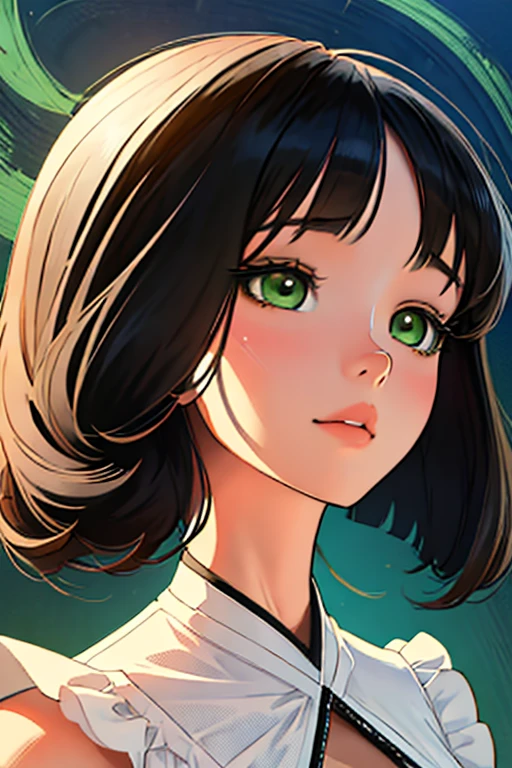 masterpiece, girl, aesthetic anime, bob hairstyle, summer dress, heels, from head to toe, black green & yellow aesthetic background, digital art, anime illustrations, ultra detailed, 8k resolutions, intricate details, aesthetic background
