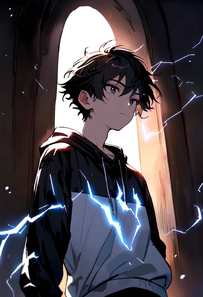 Man 17 years old Long black hair black and white sweatshirt with electricity on his body