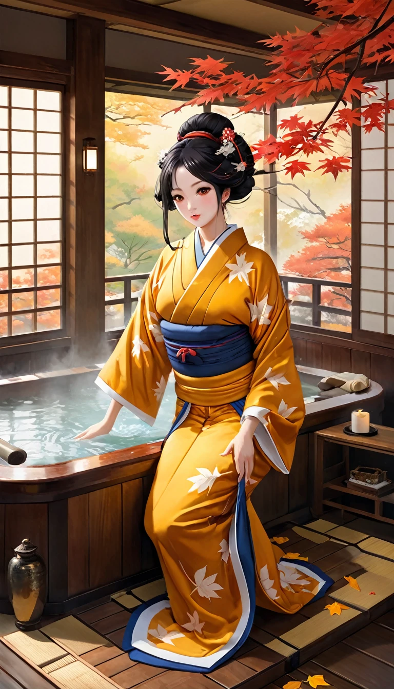 (A hyper-realistic), (hight resolution), (8K), (ighly detailed), (beatiful detailed eyes), (top-quality), (ultra-detailliert), (masterpiece), (Detailed face), (masutepiece, Photoreal Stick)(masterpiece:1.3), A tourist destination with beautiful autumn leaves, A venerable luxury hot spring inn, Luxurious Japanese-style room with open-air bath, The ultra -The high-definition, Precise depiction, With an angle that looks like it was taken by a professional photographer, With proper lighting, (art inspired by Bill Sienkiewicz ). oil painting)