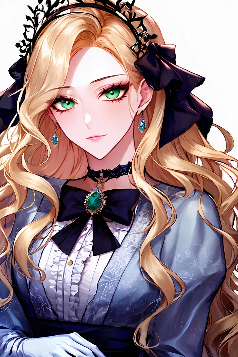 shoujo-style, floral background, romance manhwa, 1girl, blonde hair, solo, long hair, flower, dress, tiara, white dress, gloves, long sleeves, choker, green eyes, mascara, makeup, white gloves, black bow, black flower, wavy hair, bow, jewelry, looking at viewer, white background, collarbone, puffy sleeves, silver accessories, upper body, parted bangs, very long hair, blue dress, frills, bangs, closed mouth, (close up), gleaming skin, shiny glossy skin