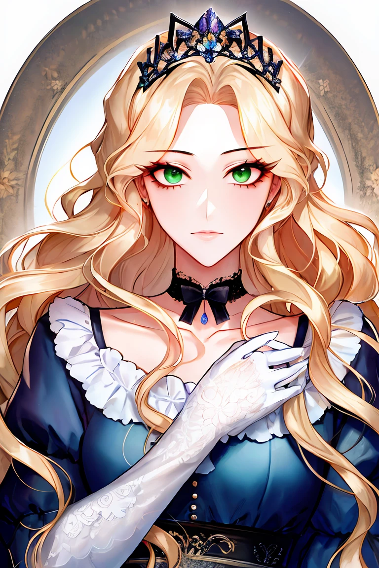 shoujo-style, floral background, romance manhwa, 1girl, blonde hair, solo, long hair, flower, dress, tiara, white dress, gloves, long sleeves, choker, green eyes, mascara, makeup, white gloves, black bow, black flower, wavy hair, bow, jewelry, looking at viewer, white background, collarbone, puffy sleeves, silver accessories, upper body, parted bangs, very long hair, blue dress, frills, bangs, closed mouth, (close up), gleaming skin, shiny glossy skin