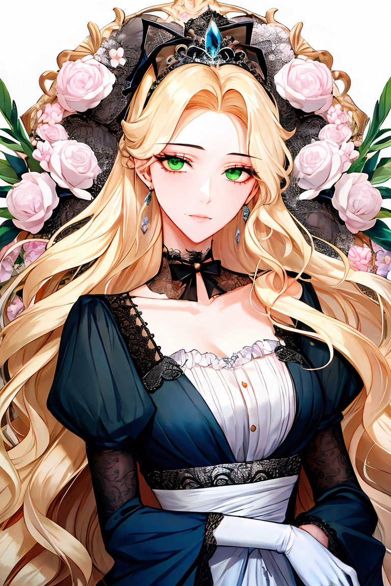 shoujo-style, floral background, romance manhwa, 1girl, blonde hair, solo, long hair, flower, dress, tiara, white dress, gloves, long sleeves, choker, green eyes, mascara, makeup, white gloves, black bow, black flower, wavy hair, bow, jewelry, looking at viewer, white background, collarbone, puffy sleeves, silver accessories, upper body, parted bangs, very long hair, blue dress, frills, bangs, closed mouth, (close up), gleaming skin, shiny glossy skin