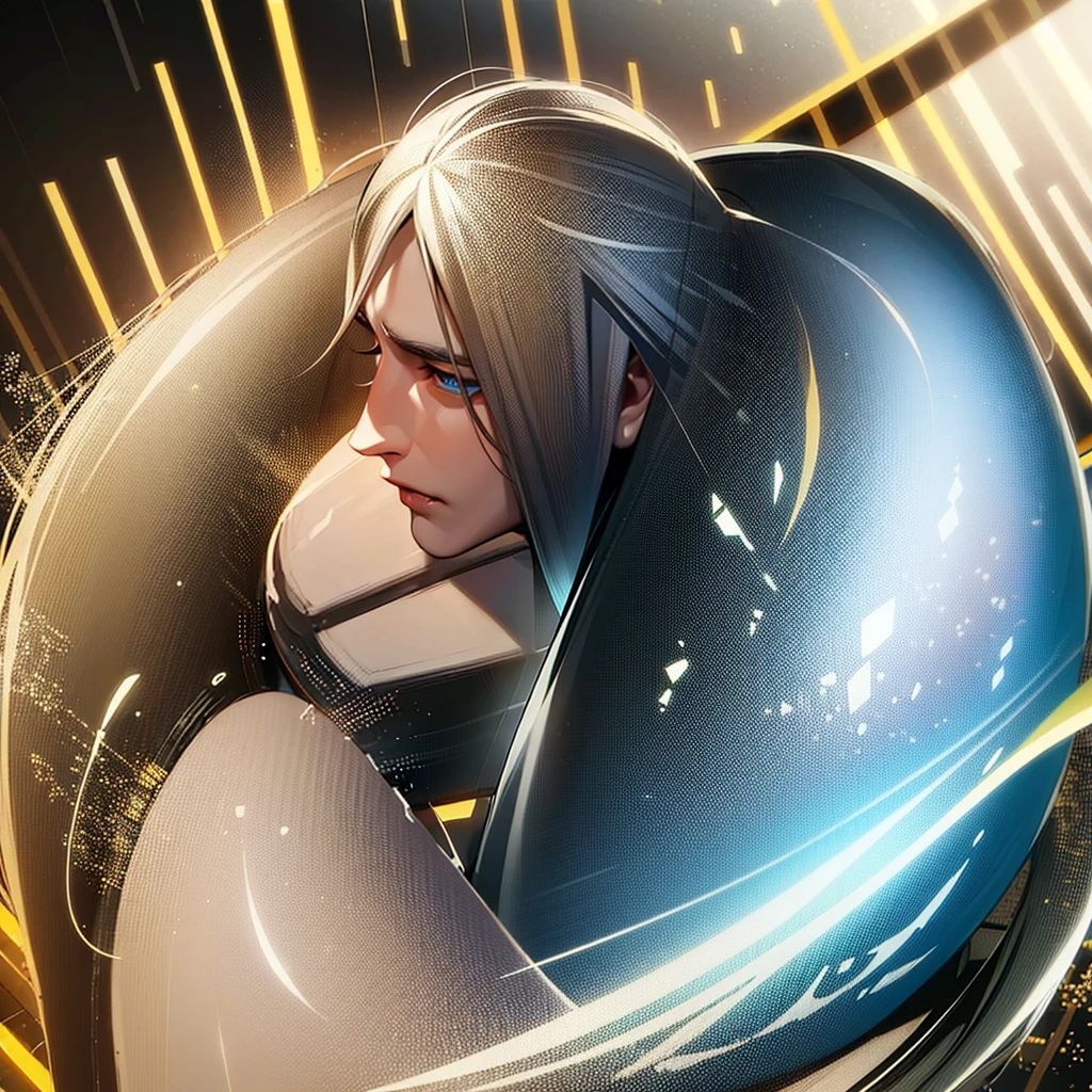 male character. naughty man. white hair. golden colored eyes. black clothing. Futuristic Setting. cold and cautious face