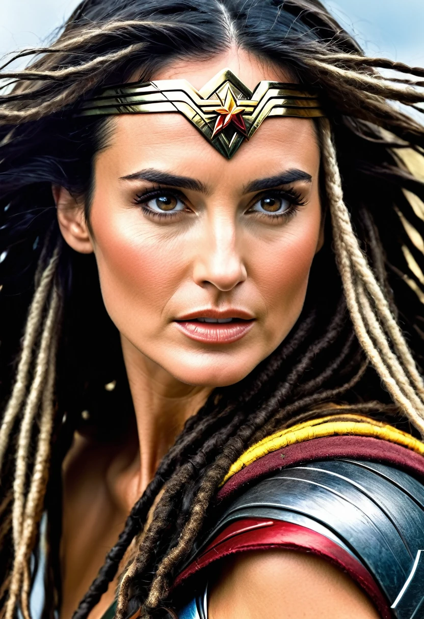 Extreme close-up Demi Moore under the mantle of the Amazon warrior Wonder Woman images Surreal cinematographic HD images Color Splash (((dreadlocks))),(((Diaema Wonder Woman))