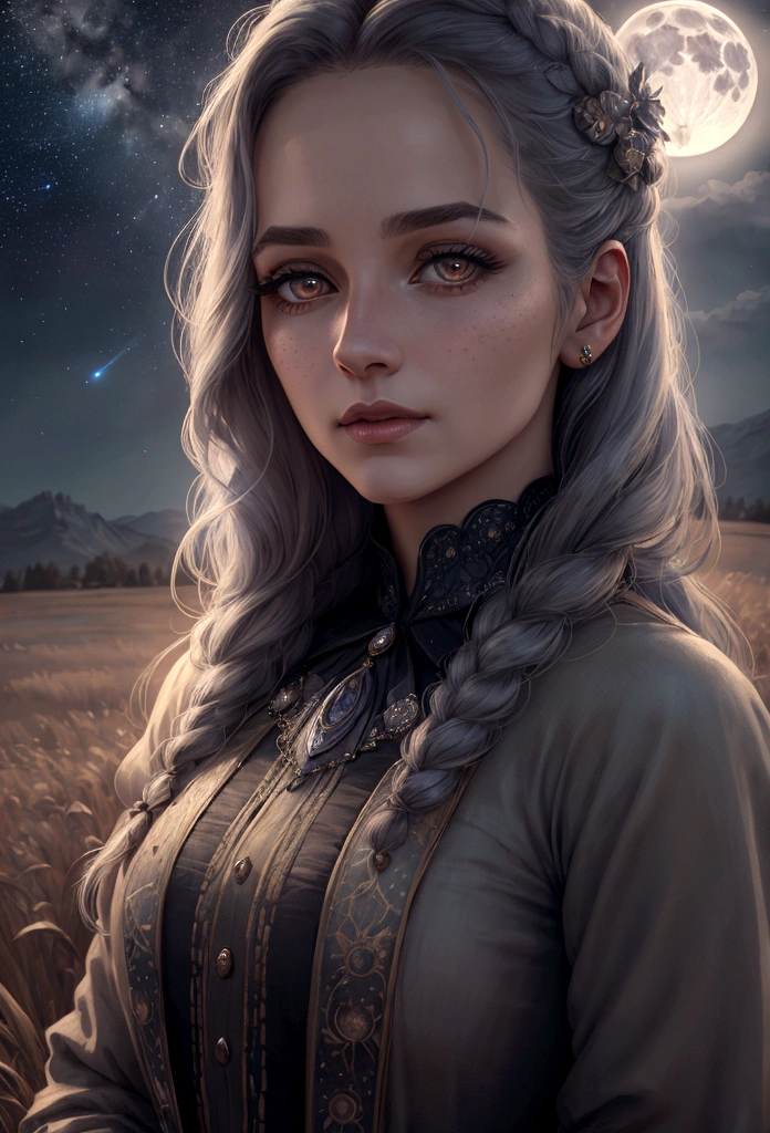 a woman in an open field at night, full moon, starry sky, old-fashioned clothes, detailed facial features, beautiful detailed eyes, beautiful detailed lips, extremely detailed face, long eyelashes, photorealistic, 8k, high quality, detailed lighting, dramatic cinematic lighting, fantasy, magical, mysterious